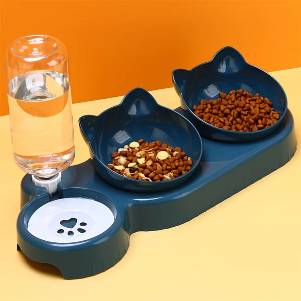 Cat Bowl Set with Water Bottle - 2 Food Bowls, 1 Water Bowl