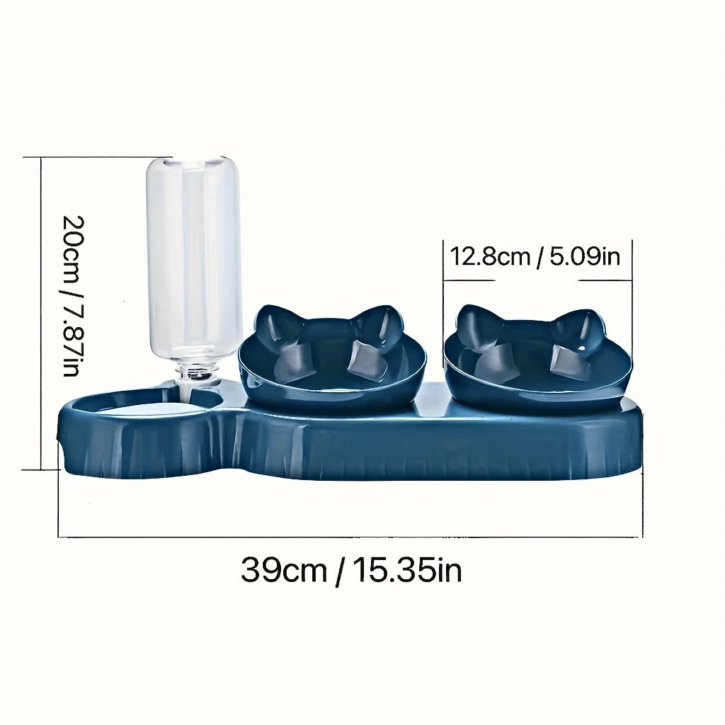 Cat Bowl Set with Water Bottle - 2 Food Bowls, 1 Water Bowl