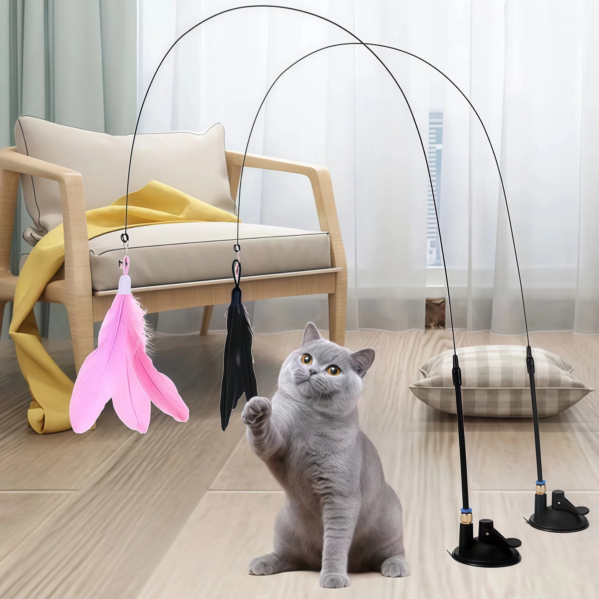 Cat Feather Teaser Wand with Suction Cup and Handheld Pole