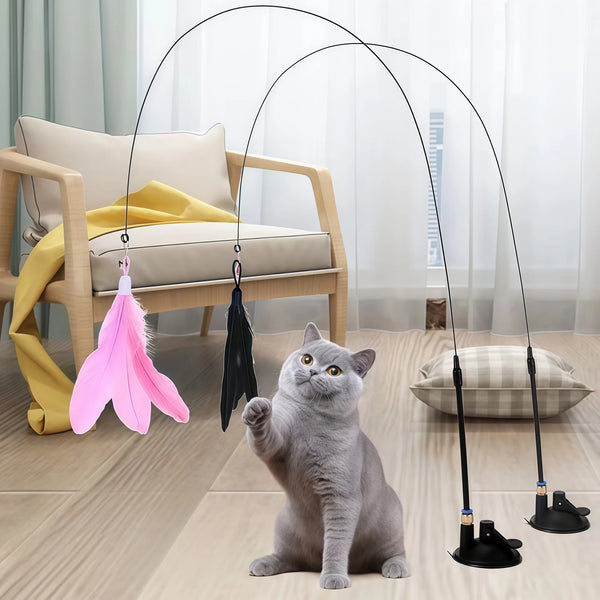Cat Feather Teaser Wand with Suction Cup and Handheld Pole