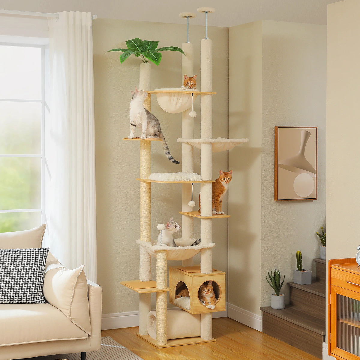 Floor-to-Ceiling Cat Tree with Condo and Basket Bed - 91-99 in