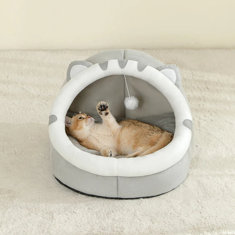 Cat Ear Cave Bed - Small Kitten House with Hanging Pom-Pom Toy