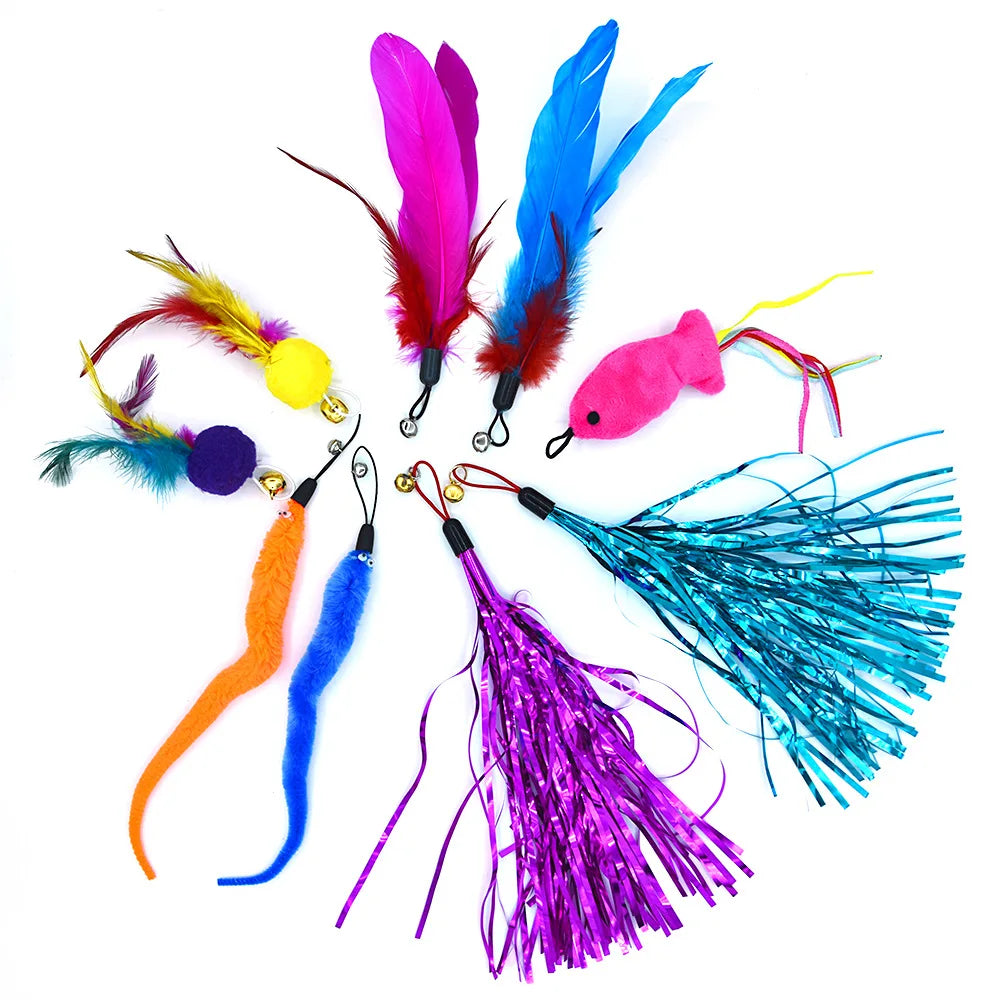 Cat Wand Replacement Heads - 9 Pack with Feathers and Bells