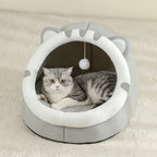 Cat Ear Cave Bed - Small Kitten House with Hanging Pom-Pom Toy