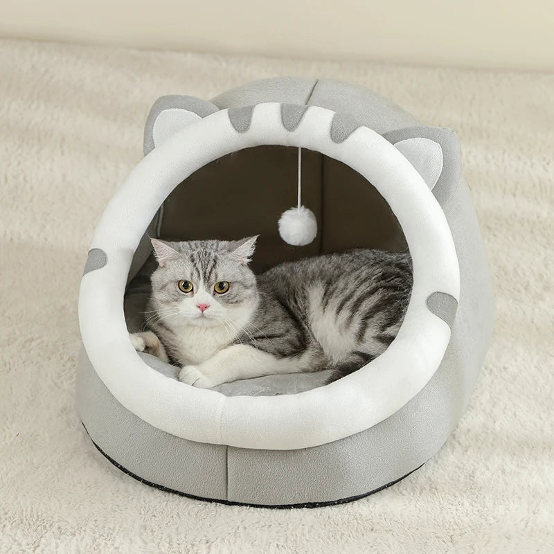 Cat Ear Cave Bed - Small Kitten House with Hanging Pom-Pom Toy
