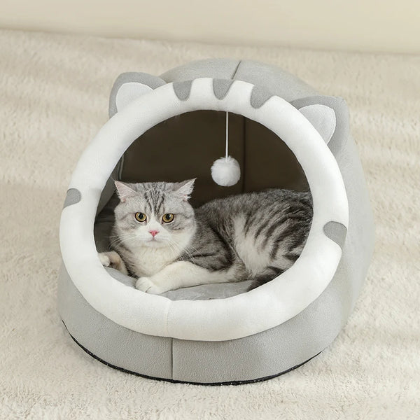 Cat Ear Cave Bed - Small Kitten House with Hanging Pom-Pom Toy