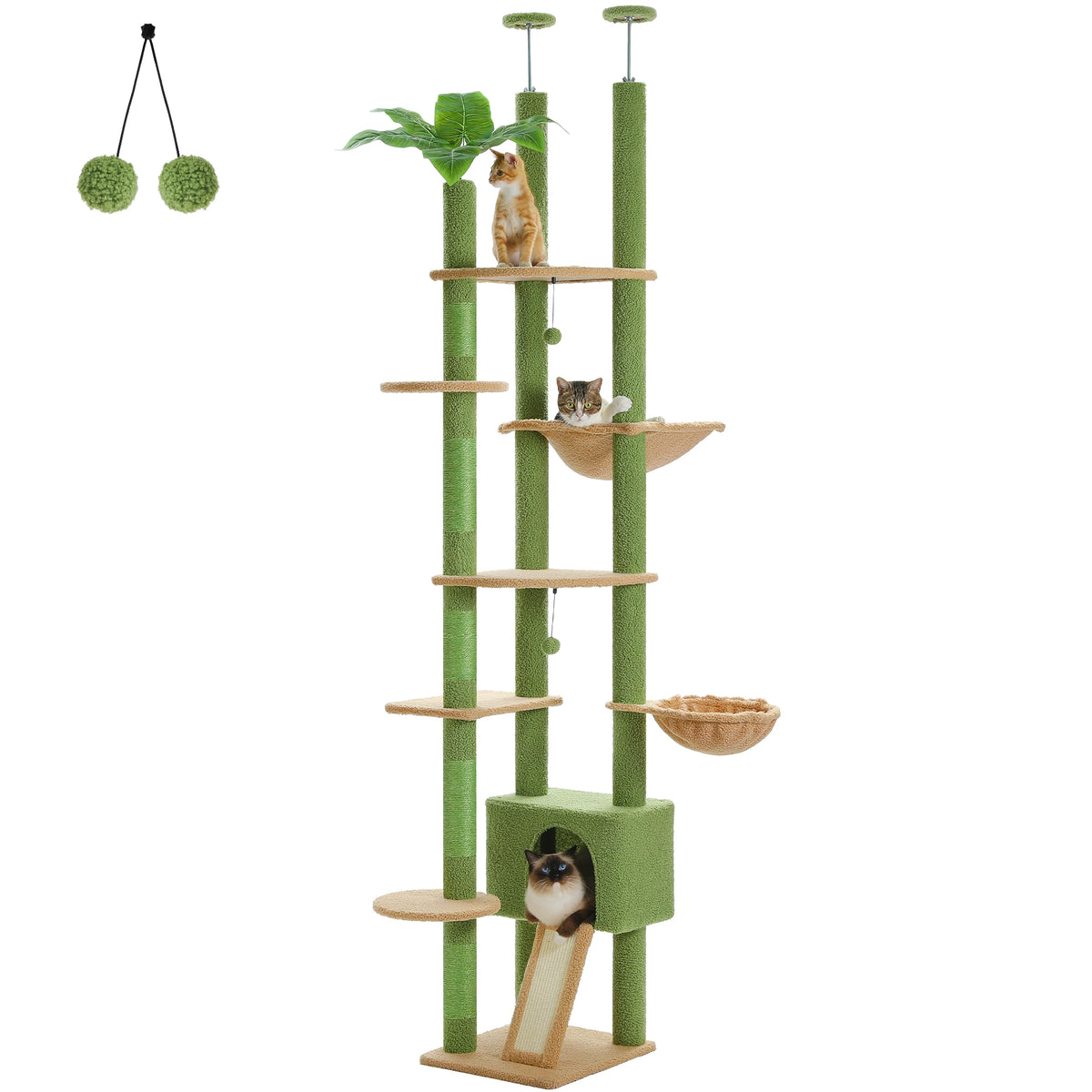 Floor-to-Ceiling Cat Tree with Condo and Basket Bed - 91-99 in