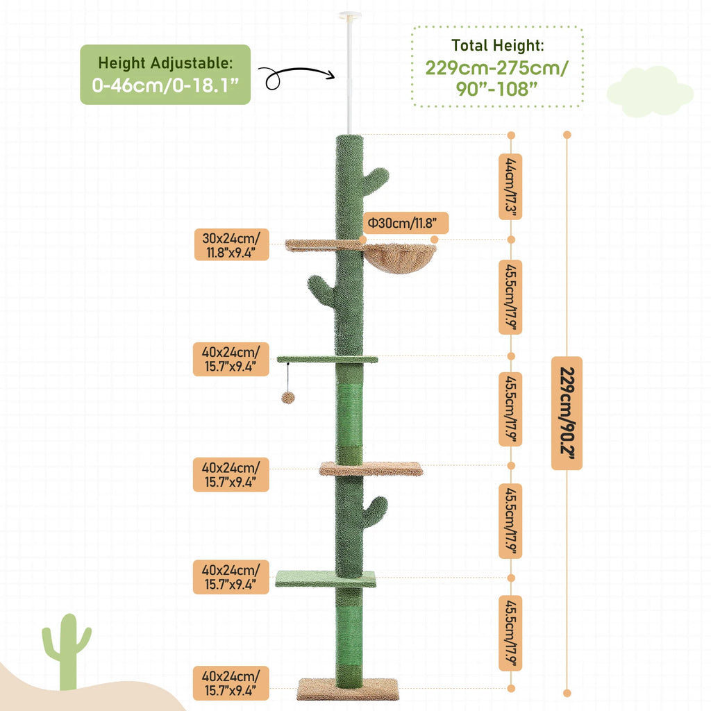 Cactus Floor-to-Ceiling Cat Tree - 5 Levels, 90-108 in Tall