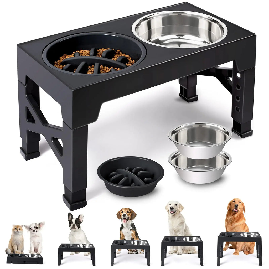 Elevated Dog Feeder - Adjustable Stand, Stainless Steel Bowls