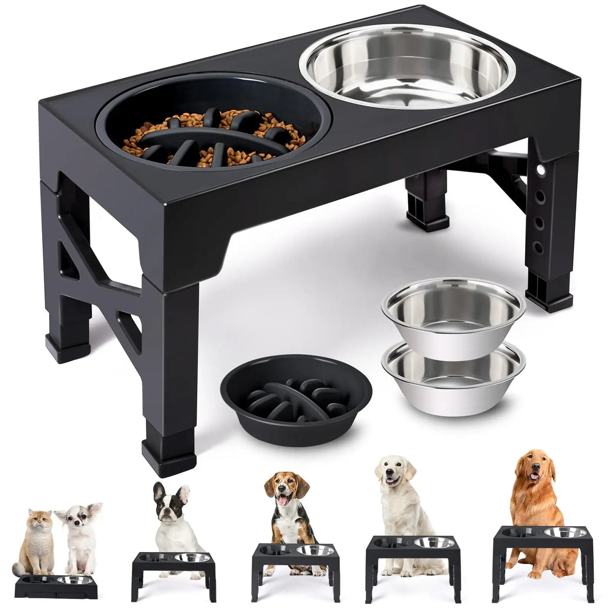 Elevated Dog Feeder - Adjustable Stand, Stainless Steel Bowls