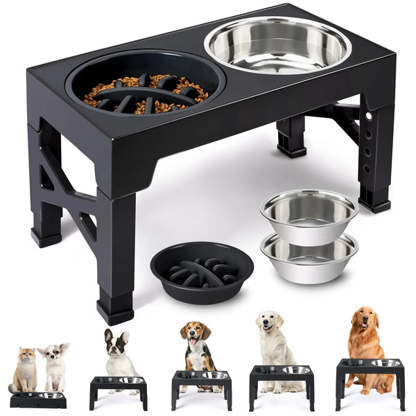 Elevated Dog Feeder - Adjustable Stand, Stainless Steel Bowls