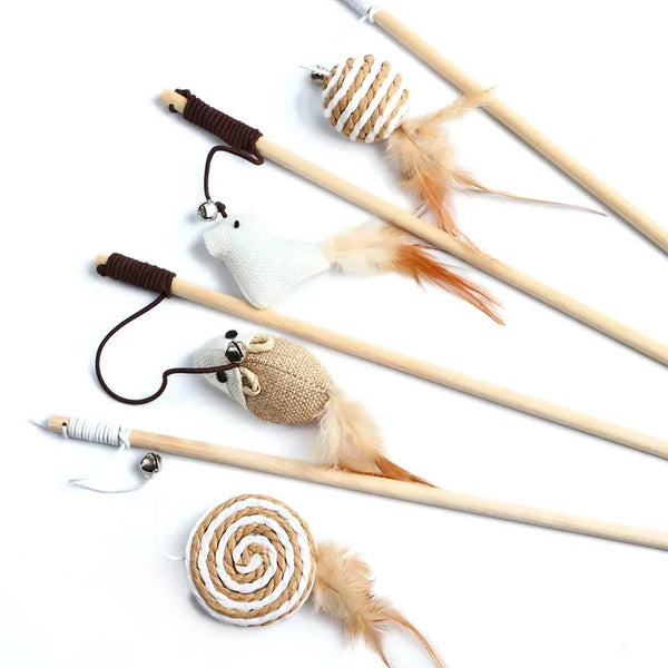 Cat Feather Teaser Wand - 40 cm Wood Pole Cat Toy with Pendant