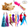 Cat Wand Replacement Heads - 9 Pack with Feathers and Bells