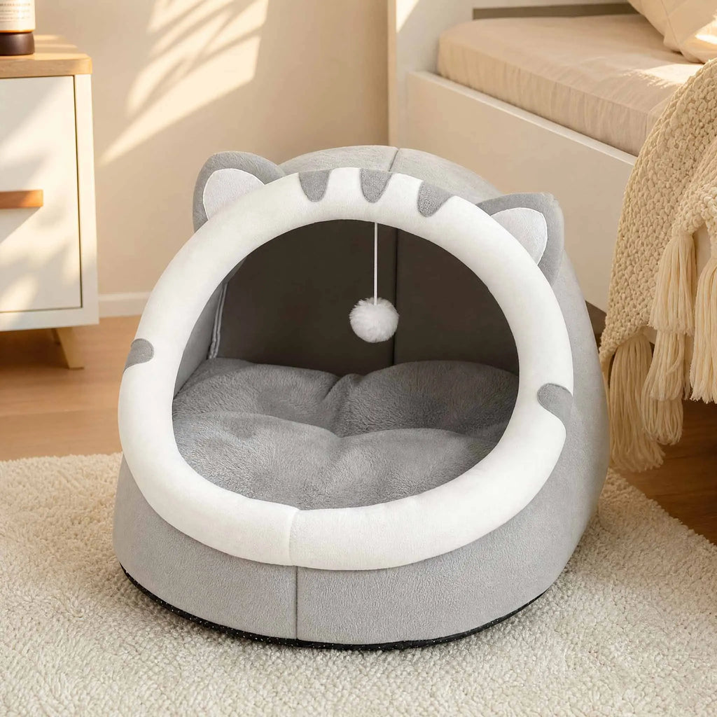 Cat Ear Cave Bed - Small Kitten House with Hanging Pom-Pom Toy