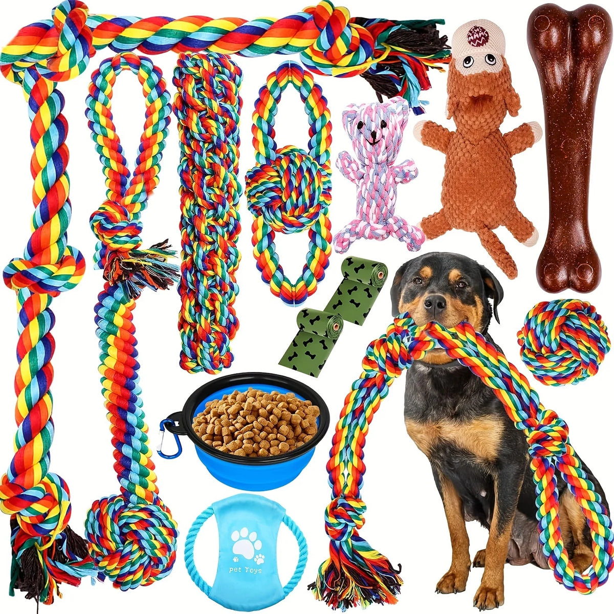 7-Piece Rope Dog Toy Set - Durable Polyester Knot Chew Toys