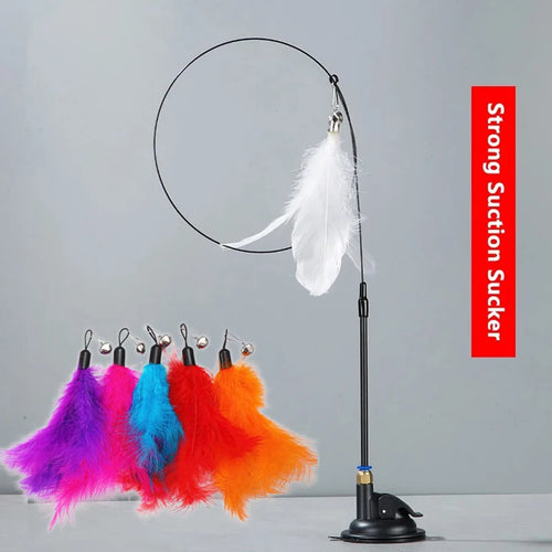 Cat Feather Teaser Wand with Suction Cup and Handheld Pole