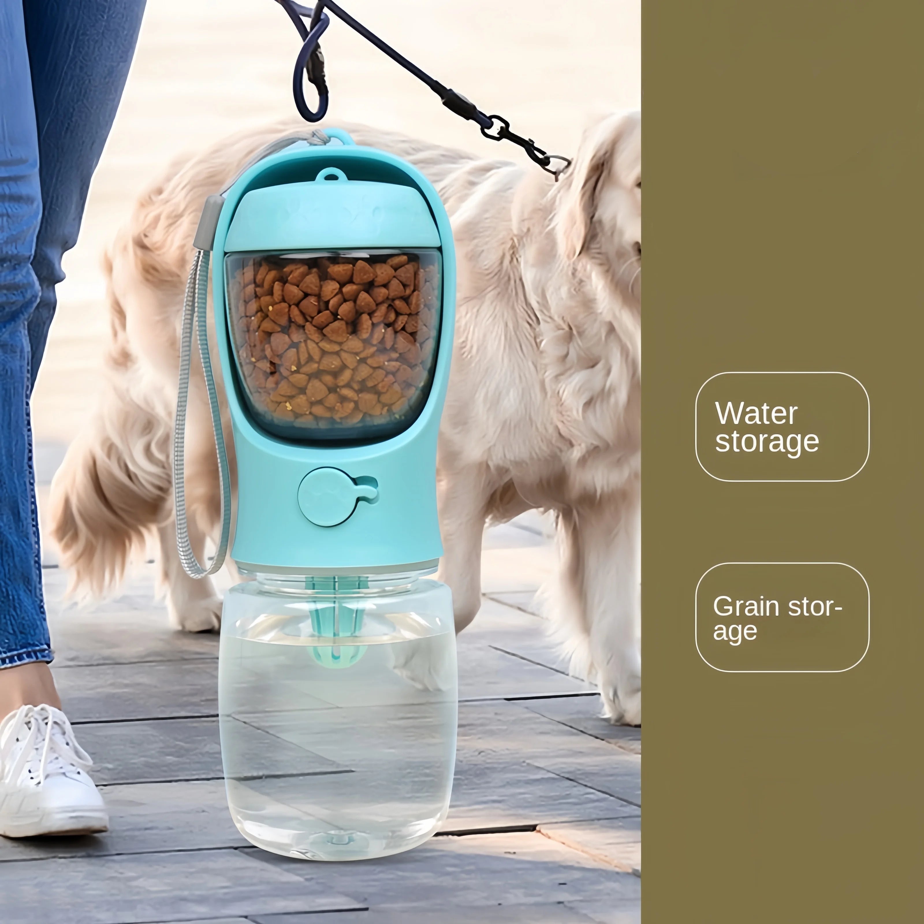 Two-in-one pet kettle with water storage and grain storage compartments, used with a dog outdoors.