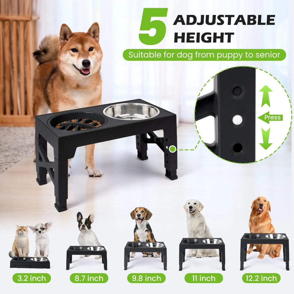 Elevated Dog Feeder - Adjustable Stand, Stainless Steel Bowls